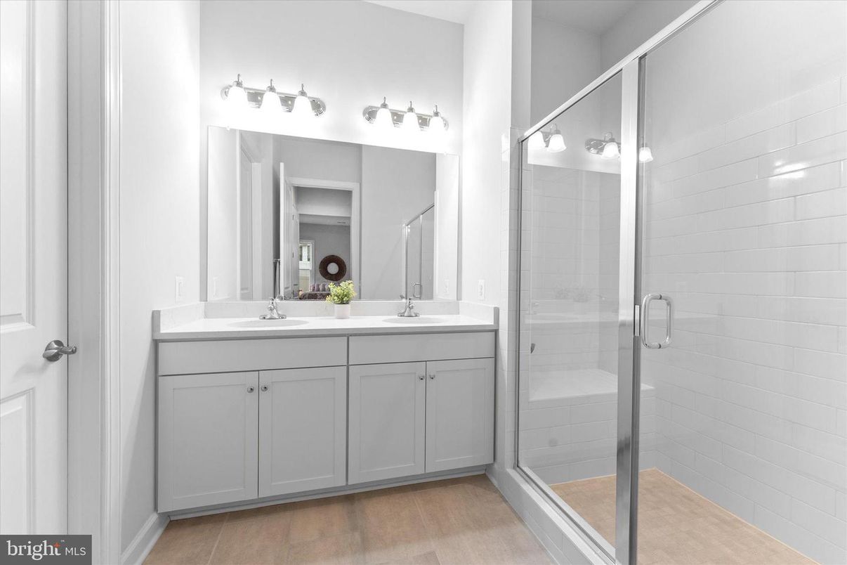 Bathroom, Dual Sink Vanities, Glass Shower, Interior, Wood Texture Flooring