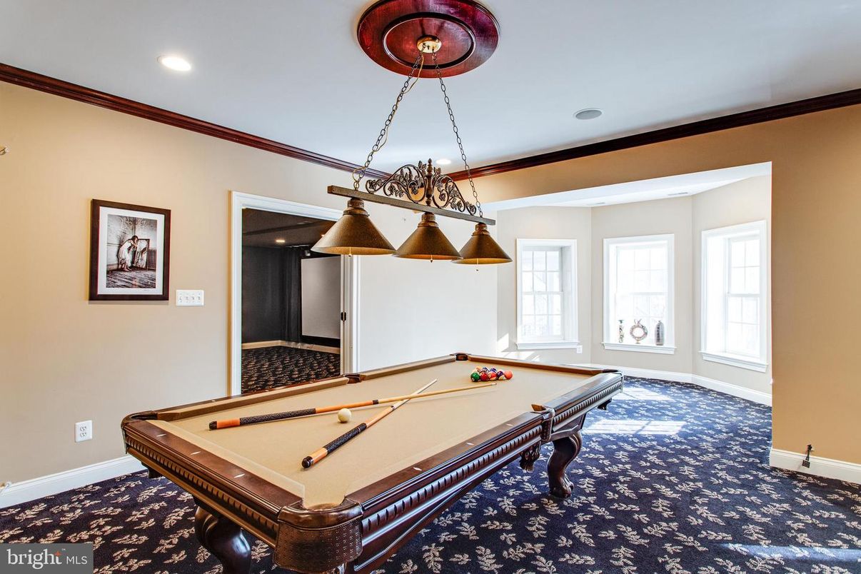 Billiard Table, Chandelier, Game Room, Interior, Recessed Lighting