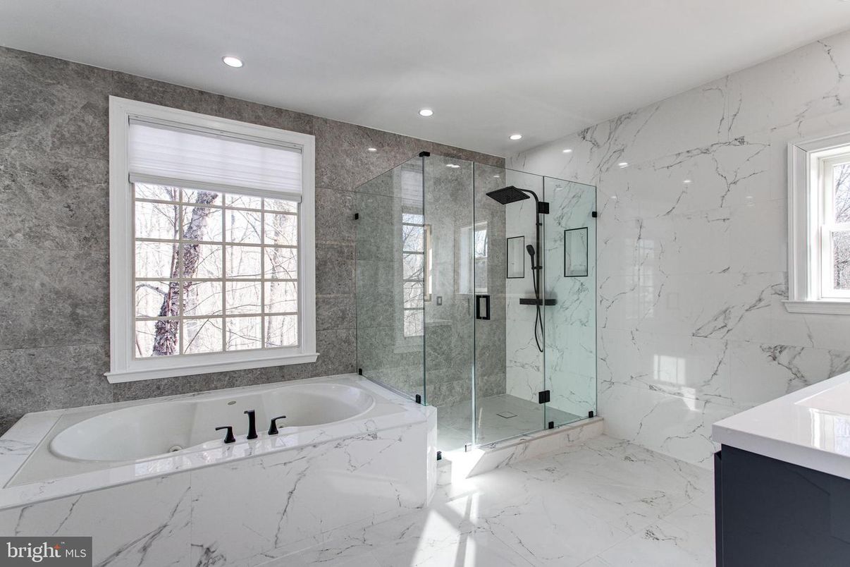 Bathroom, Glass Shower, Interior, Marble, Marble Walls, Recessed Lighting
