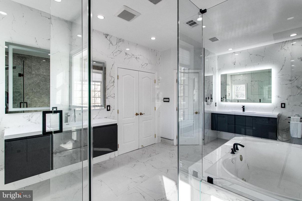 Bathroom, Glass Shower, Interior, Marble, Marble Walls, Recessed Lighting