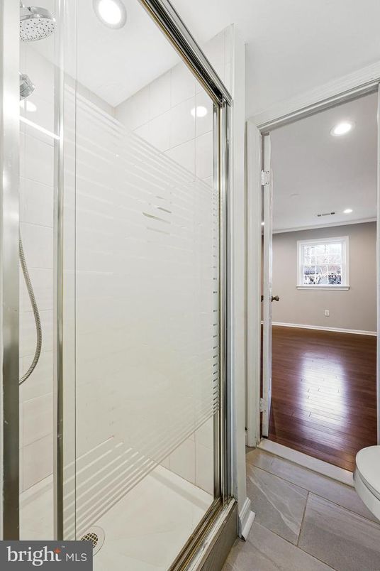 Bathroom, Glass Shower, Interior, Recessed Lighting, Wood Texture Flooring