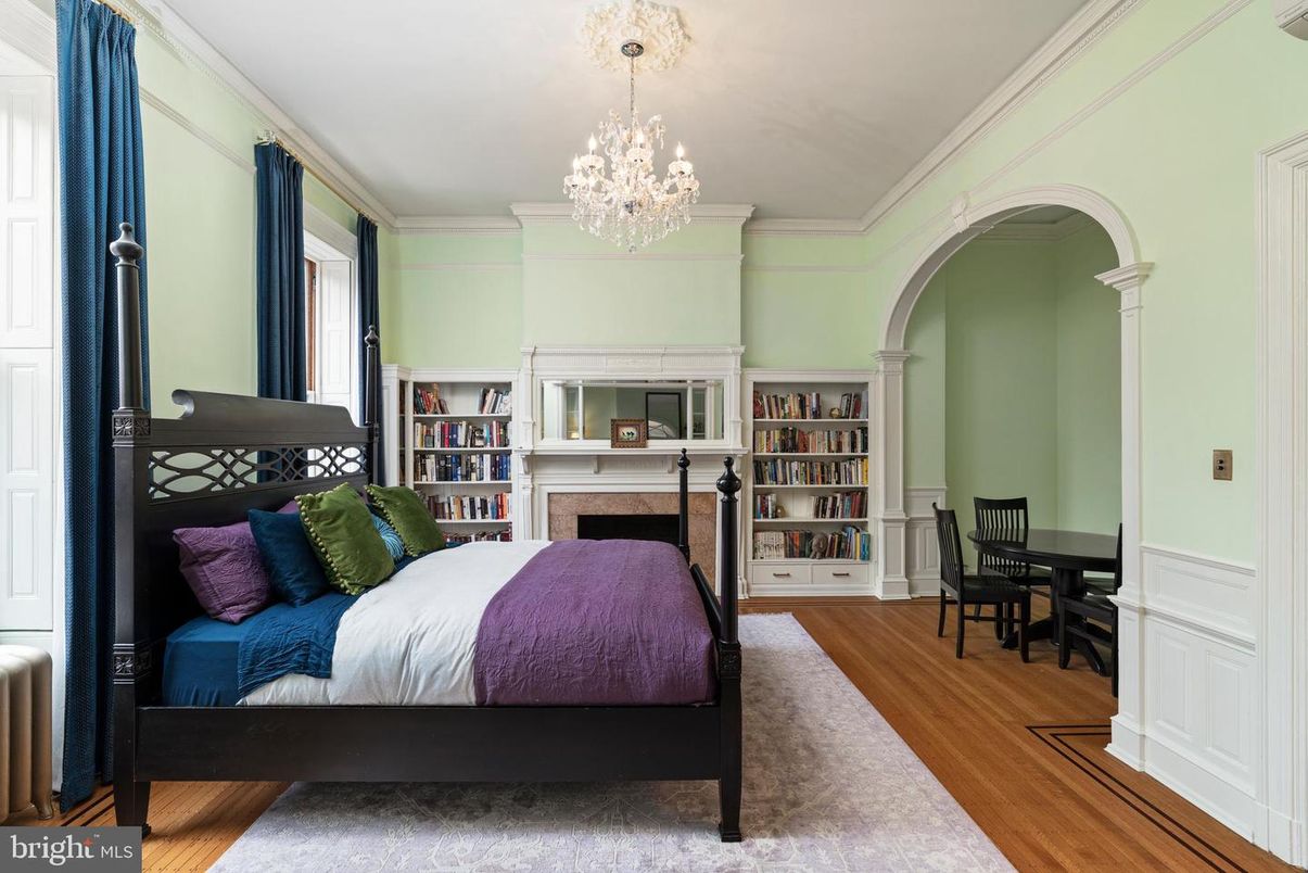 Bedroom, Chandelier, Dining room, Fireplace, Interior, Wood Texture Flooring