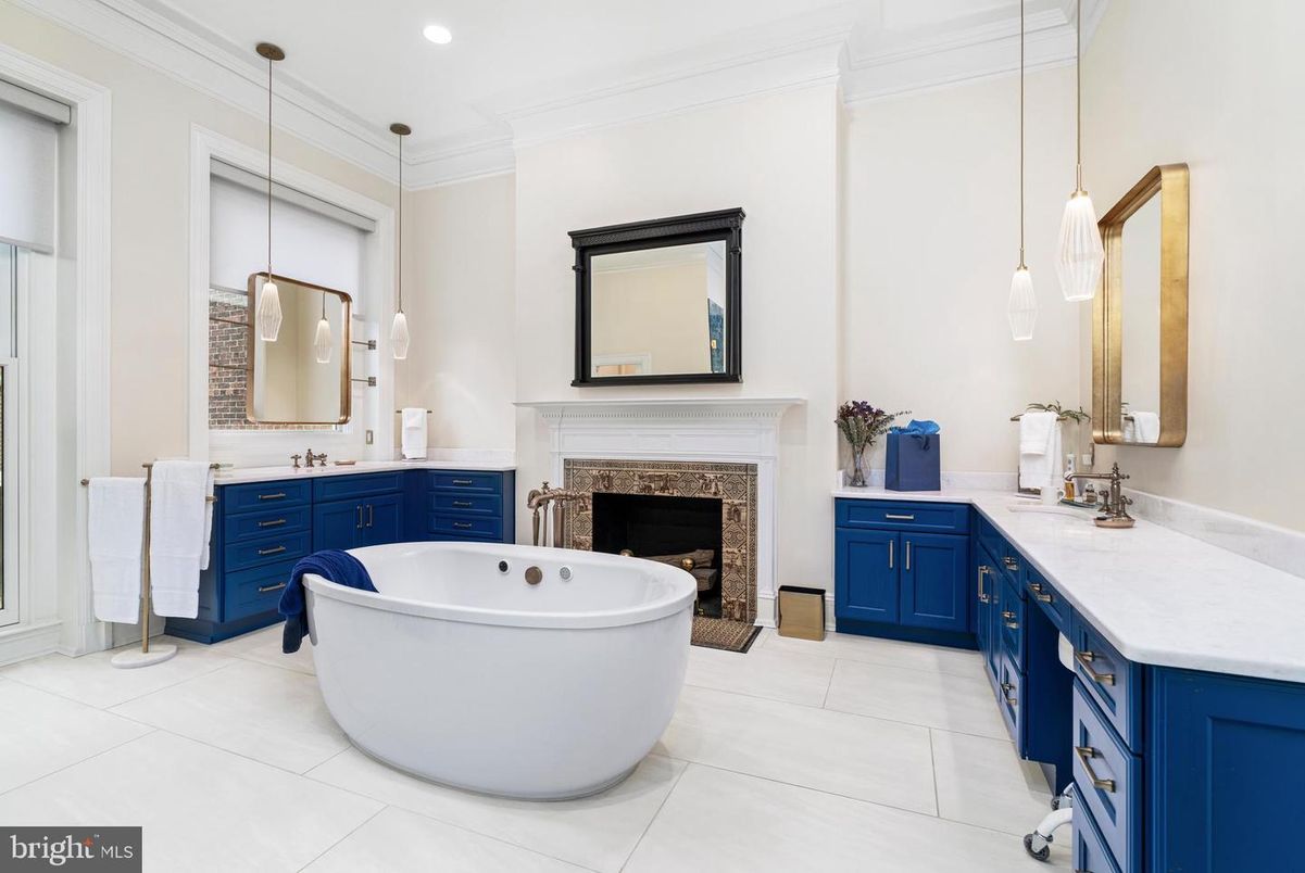 Bathroom, Dual Sink Vanities, Fireplace, Free Standing Baths, Interior, Pendant Lights, Recessed Lighting