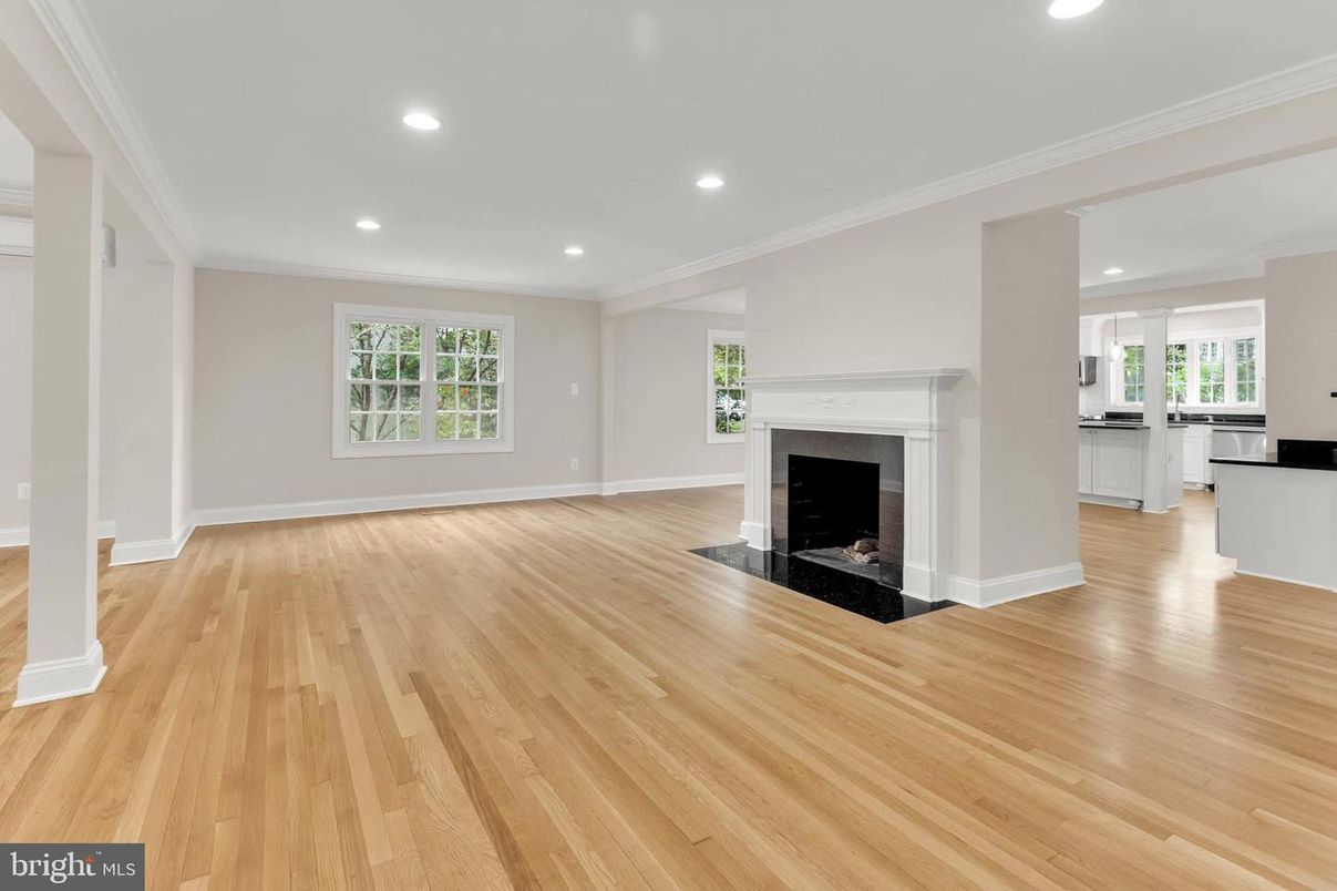 Empty room, Fireplace, Interior, Recessed Lighting, Wood Texture Flooring