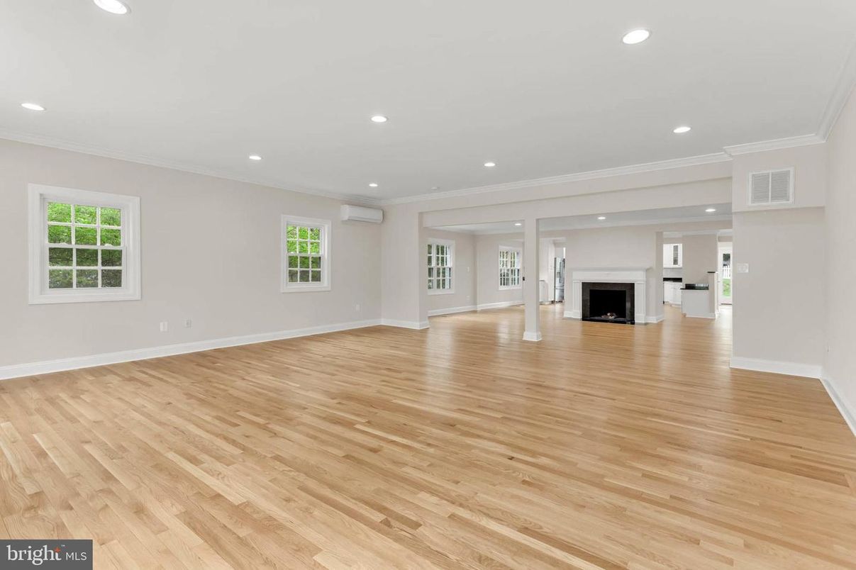 Empty room, Fireplace, Interior, Recessed Lighting, Wood Texture Flooring