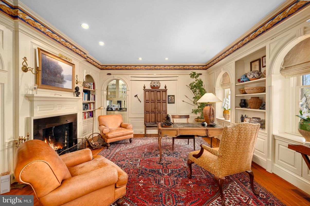 Fireplace, Home Office, Interior, Recessed Lighting, Wood Texture Flooring