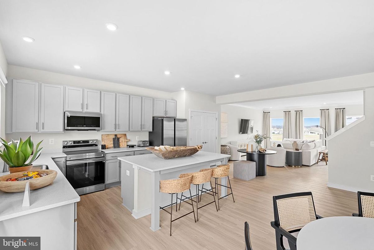 Interior, Kitchen, Living room, Recessed Lighting, Stainless Steel Appliances, Water, Wood Texture Flooring