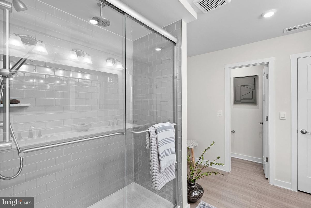 Bathroom, Glass Shower, Interior, Recessed Lighting, Wood Texture Flooring