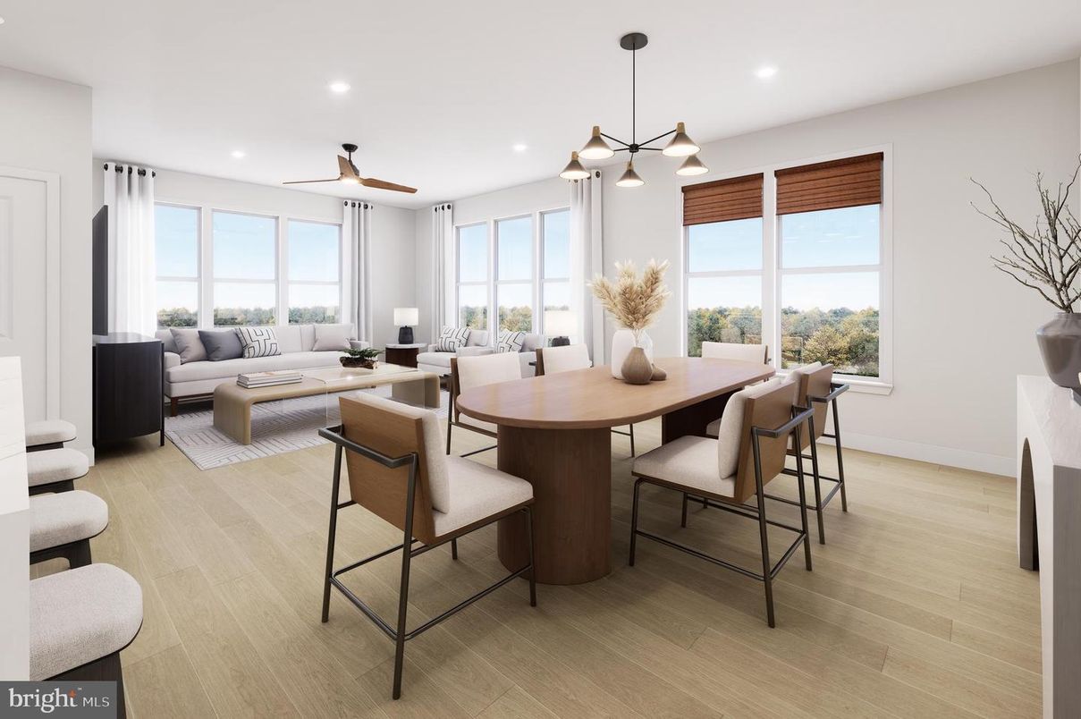 Dining room, Interior, Living room, Pendant Lights, Recessed Lighting, Wood Texture Flooring