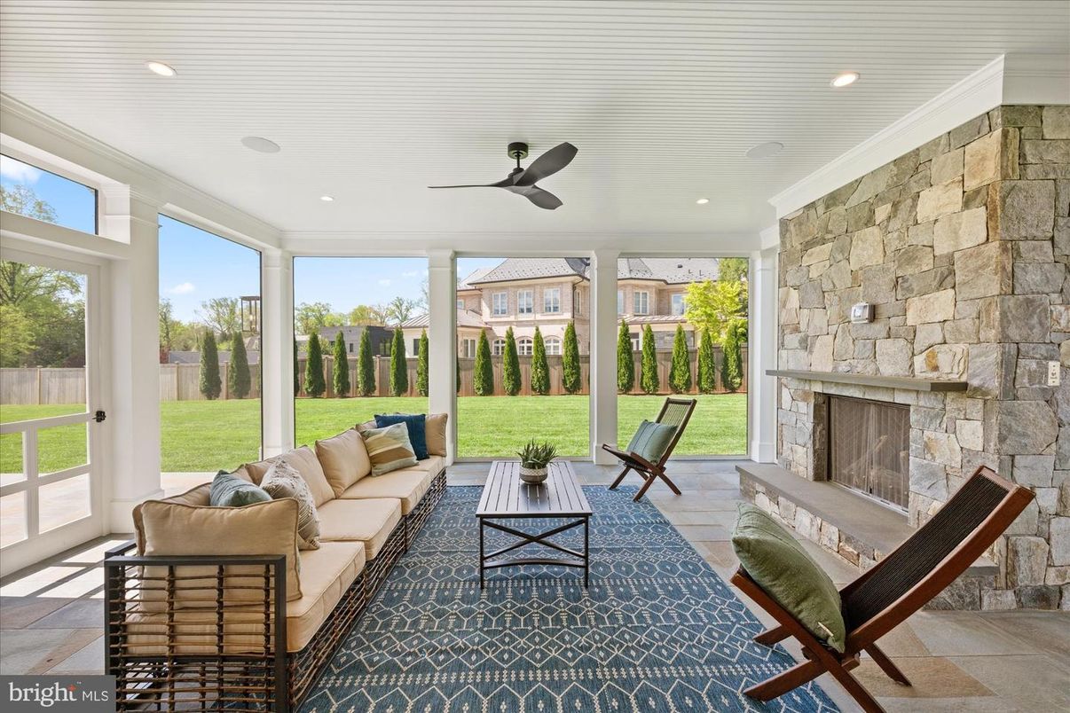 Fireplace, Interior, Living room, Recessed Lighting, Stone Walls, Sun Room
