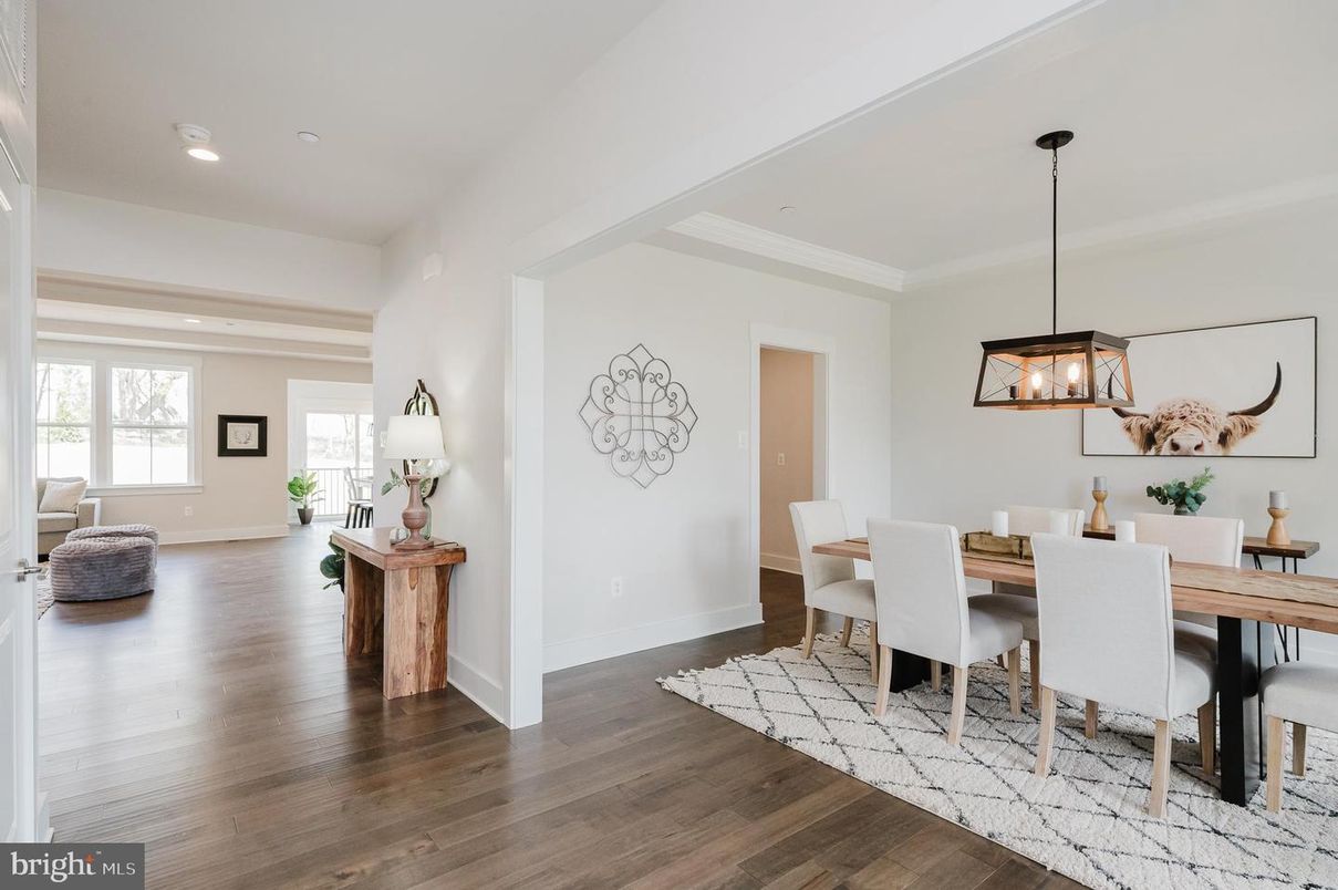Dining room, Interior, Pendant Lights, Recessed Lighting, Wood Texture Flooring