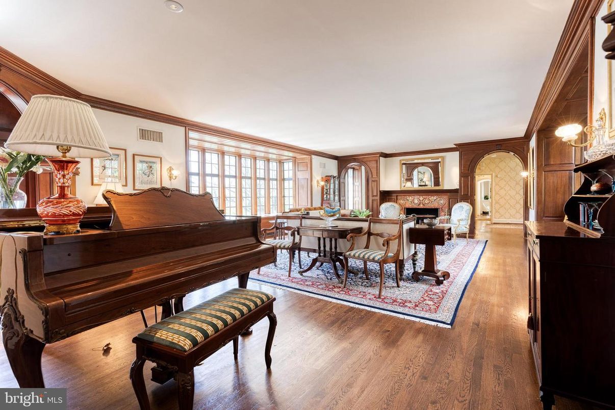 Dining room, Fireplace, Interior, Living room, Piano, Wood Texture Flooring