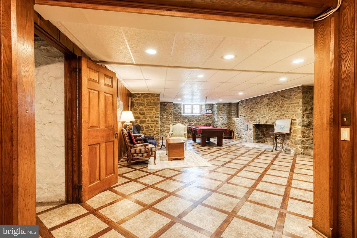 Billiard Table, Fireplace, Game Room, Interior, Recessed Lighting, Stone Walls