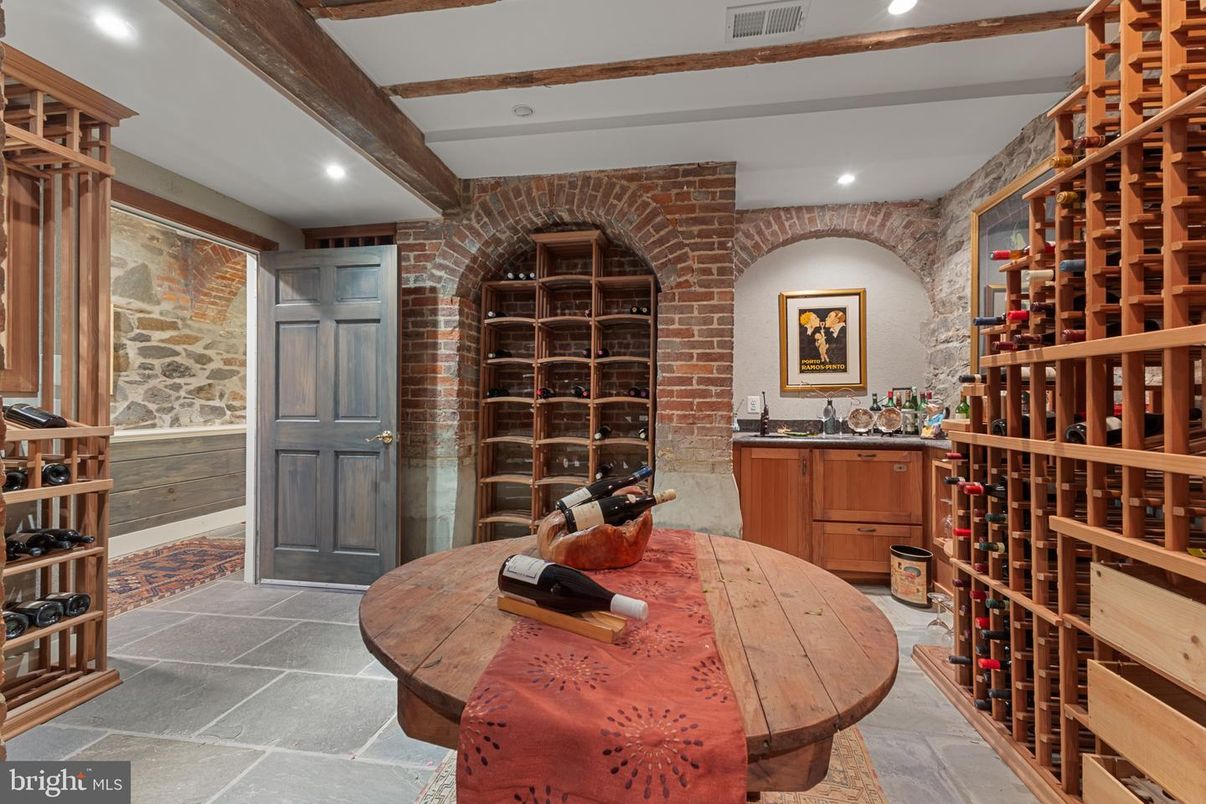 Interior, Recessed Lighting, Stone Walls, Wine Storage, Wooden Beams