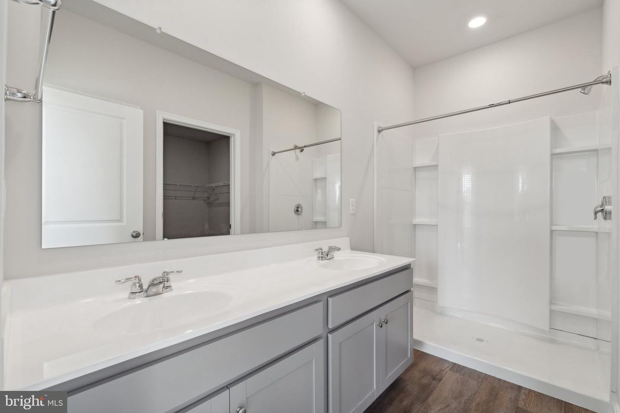 Bathroom, Dual Sink Vanities, Interior, Recessed Lighting, Wood Texture Flooring