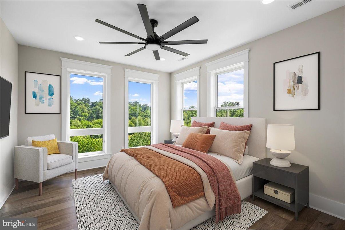 Bedroom, Interior, Recessed Lighting, Wood Texture Flooring