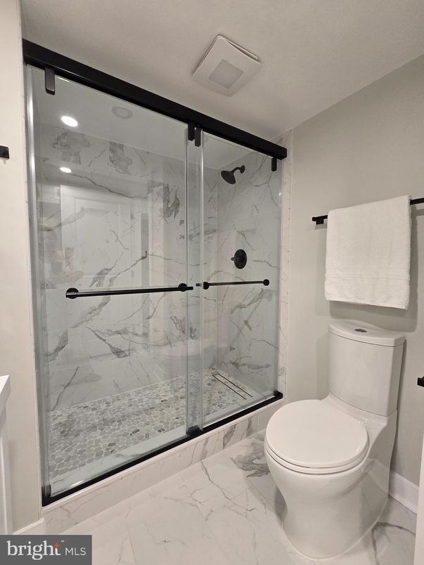 Bathroom, Glass Shower, Interior, Marble, Marble Walls, Recessed Lighting
