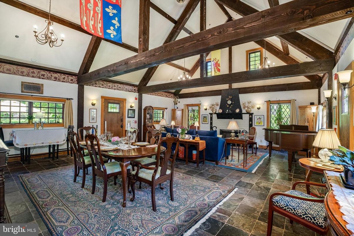 Chandelier, Dining room, Fireplace, Interior, Living room, Pendant Lights, Piano, Wooden Beams