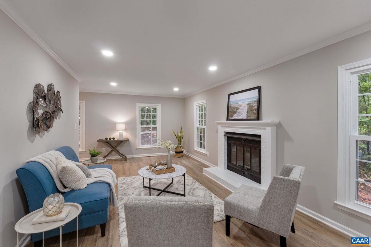 Fireplace, Interior, Living room, Recessed Lighting, Wood Texture Flooring