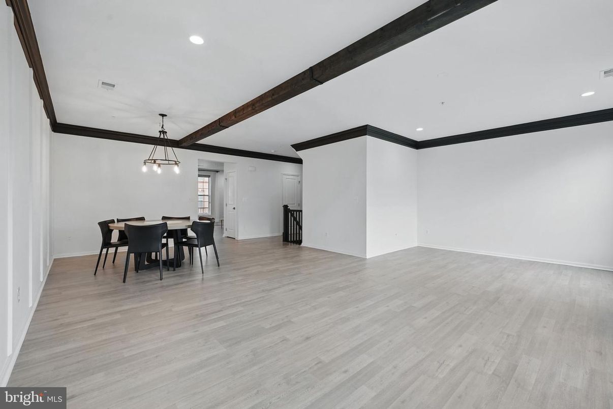 Dining room, Empty room, Interior, Pendant Lights, Recessed Lighting, Wooden Beams, Wood Texture Flooring