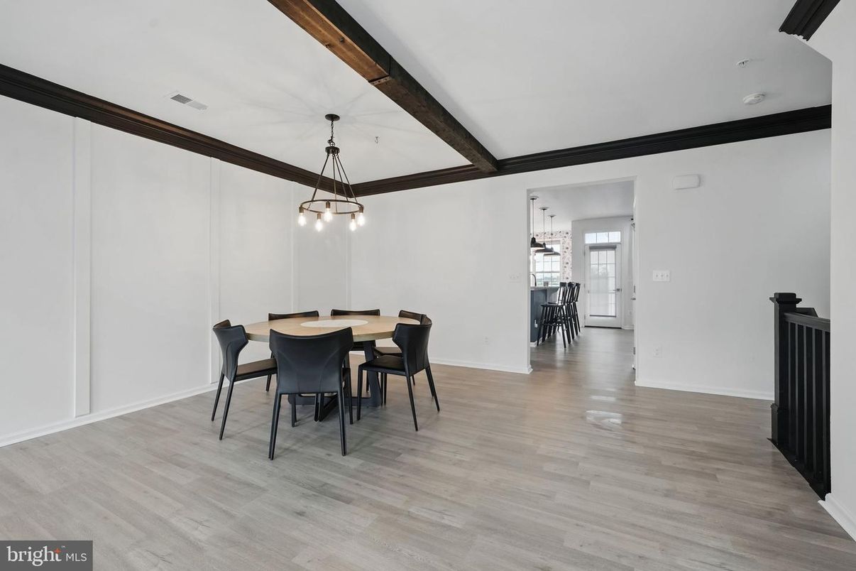 Dining room, Interior, Pendant Lights, Wooden Beams, Wood Texture Flooring