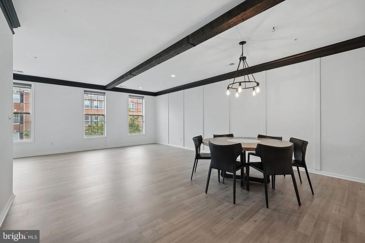 Dining room, Interior, Pendant Lights, Recessed Lighting, Wooden Beams, Wood Texture Flooring