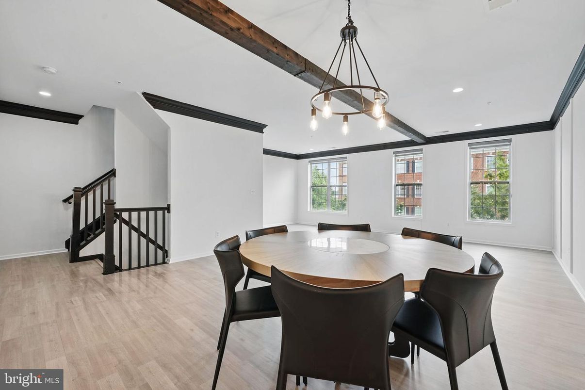 Dining room, Interior, Pendant Lights, Recessed Lighting, Wooden Beams, Wood Texture Flooring