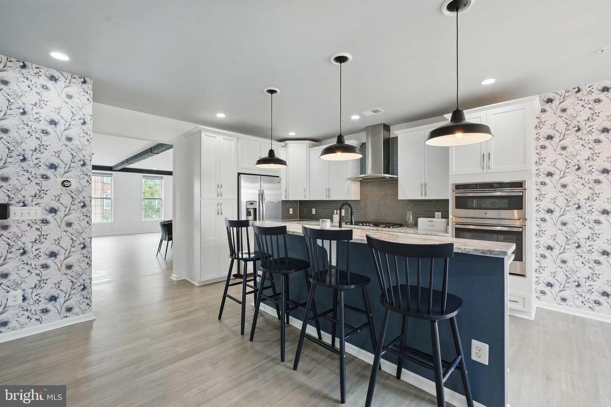 Interior, Kitchen, Pendant Lights, Recessed Lighting, Stainless Steel Appliances, Wood Texture Flooring