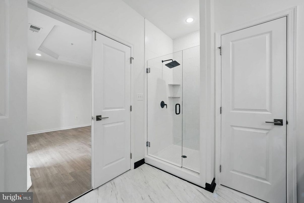 Bathroom, Glass Shower, Interior, Marble, Recessed Lighting, Wood Texture Flooring