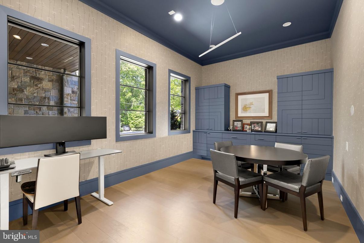 Dining room, Interior, Pendant Lights, Recessed Lighting, Wood Texture Flooring