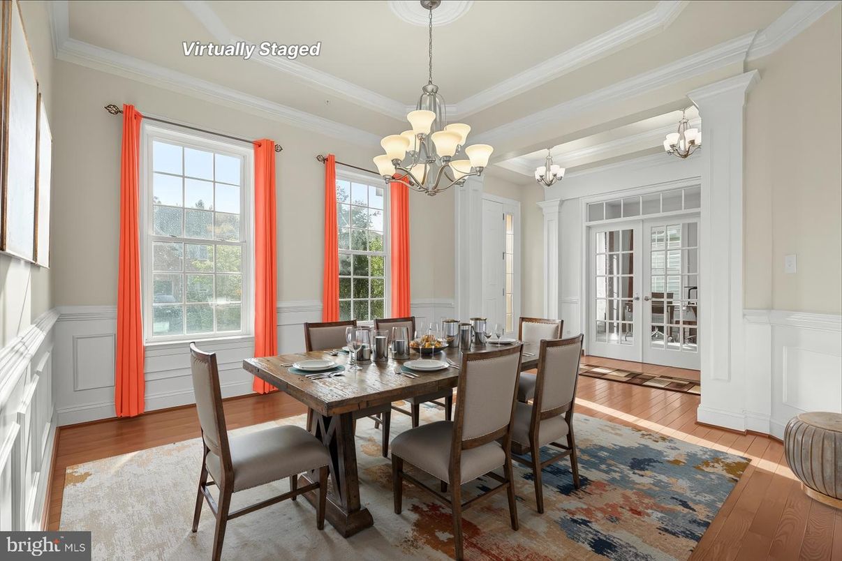 Chandelier, Dining room, Interior, Wood Texture Flooring
