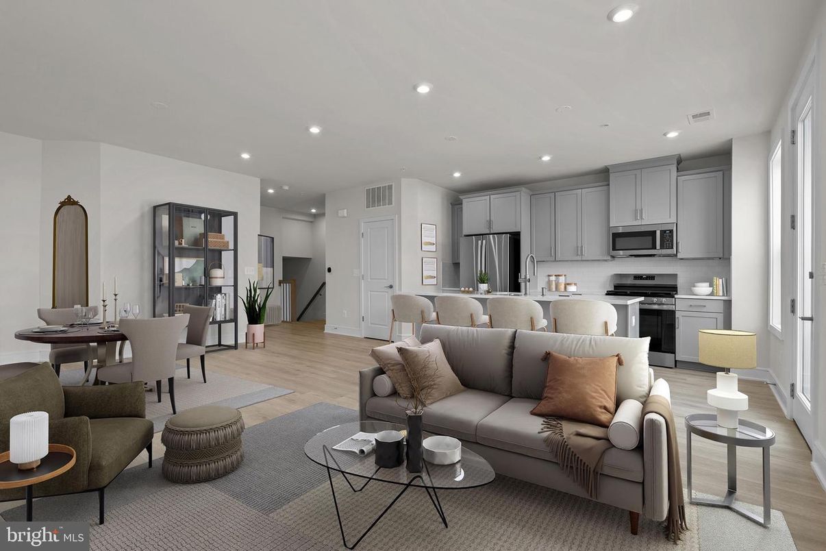 Dining room, Interior, Kitchen, Living room, Recessed Lighting, Stainless Steel Appliances, Wood Texture Flooring