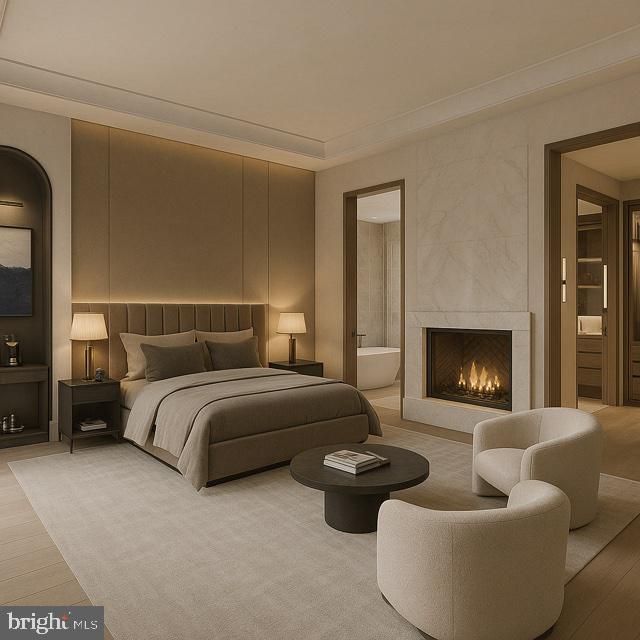 Bedroom, Fireplace, Interior, Wood Texture Flooring