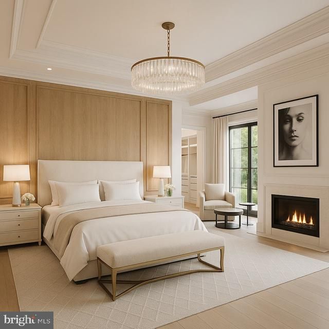 Bedroom, Chandelier, Fireplace, Interior, Pendant Lights, Recessed Lighting, Wood Texture Flooring
