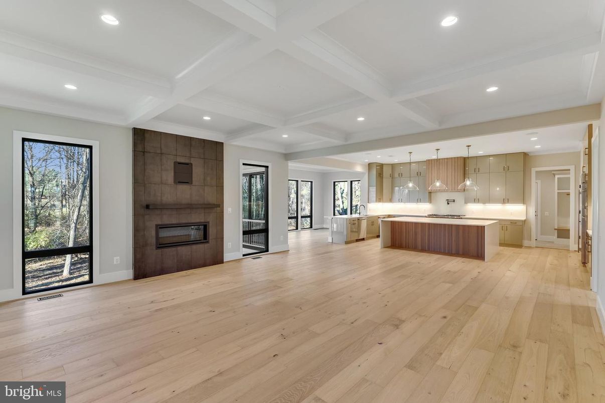 Empty room, Fireplace, Interior, Kitchen, Pendant Lights, Recessed Lighting, Wood Texture Flooring