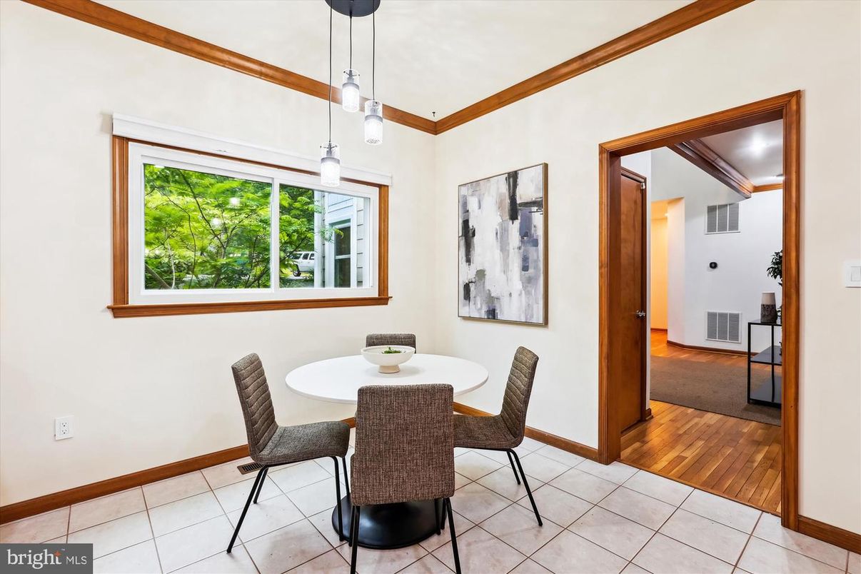 Dining room, Interior, Pendant Lights, Wood Texture Flooring