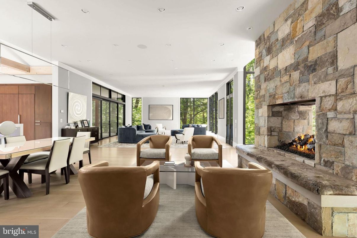 Dining room, Fireplace, Interior, Living room, Pendant Lights, Recessed Lighting, Stone Walls, Wood Texture Flooring