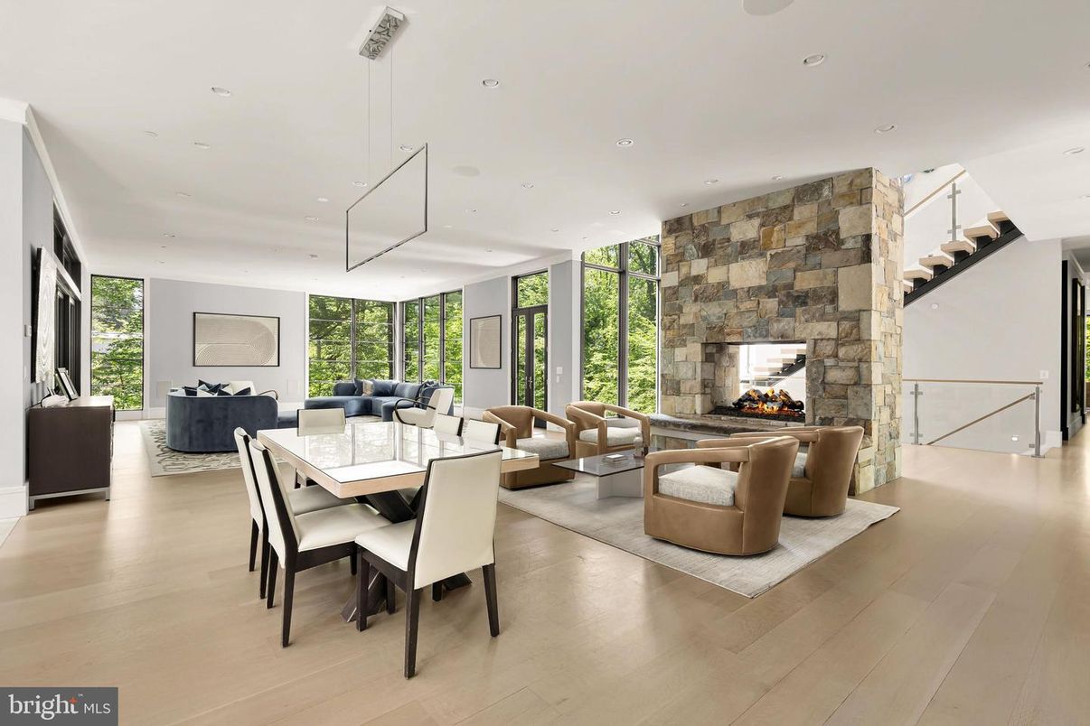 Dining room, Fireplace, Interior, Living room, Pendant Lights, Recessed Lighting, Wood Texture Flooring