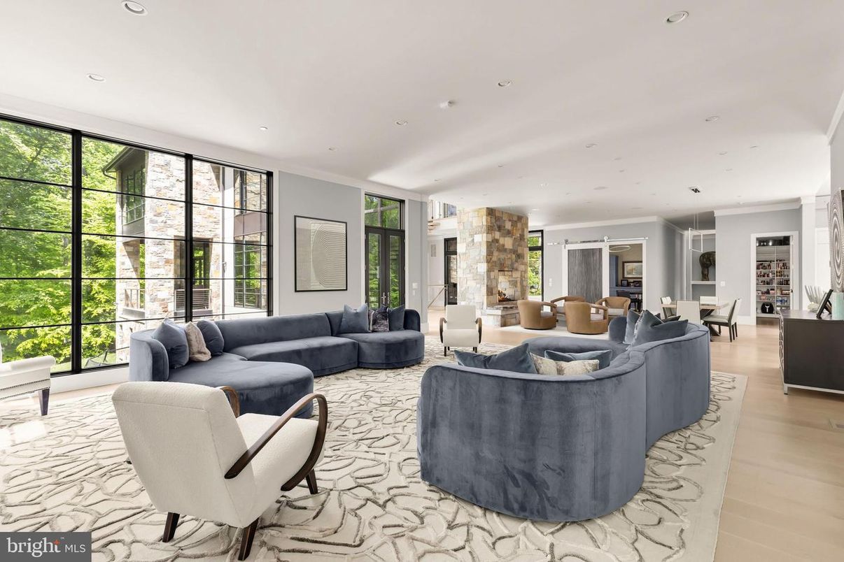 Dining room, Interior, Living room, Recessed Lighting, Stone Walls