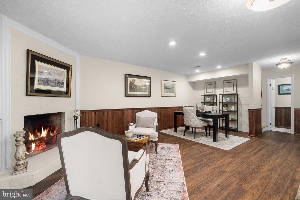 Fireplace, Home Office, Interior, Living room, Recessed Lighting, Wood Texture Flooring