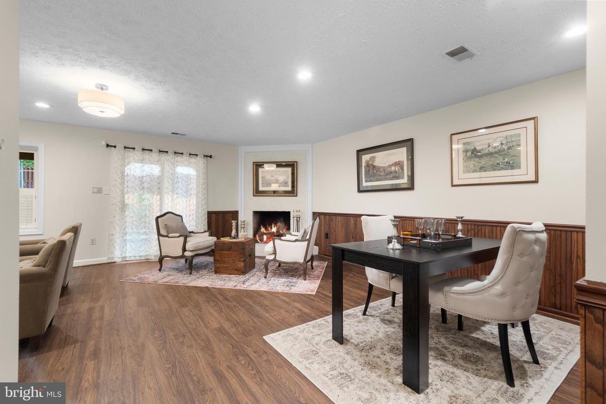 Fireplace, Home Office, Interior, Living room, Recessed Lighting, Wood Texture Flooring