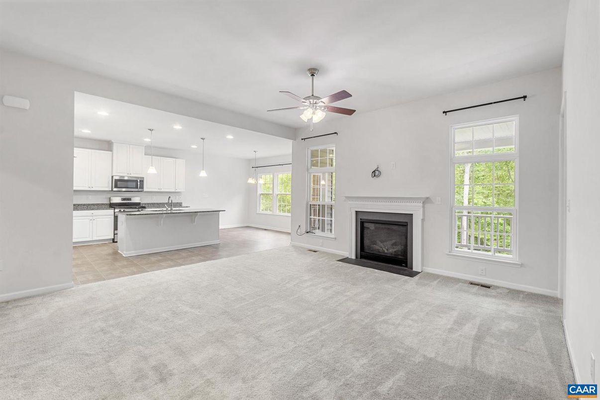 Empty room, Fireplace, Interior, Kitchen, Pendant Lights, Recessed Lighting