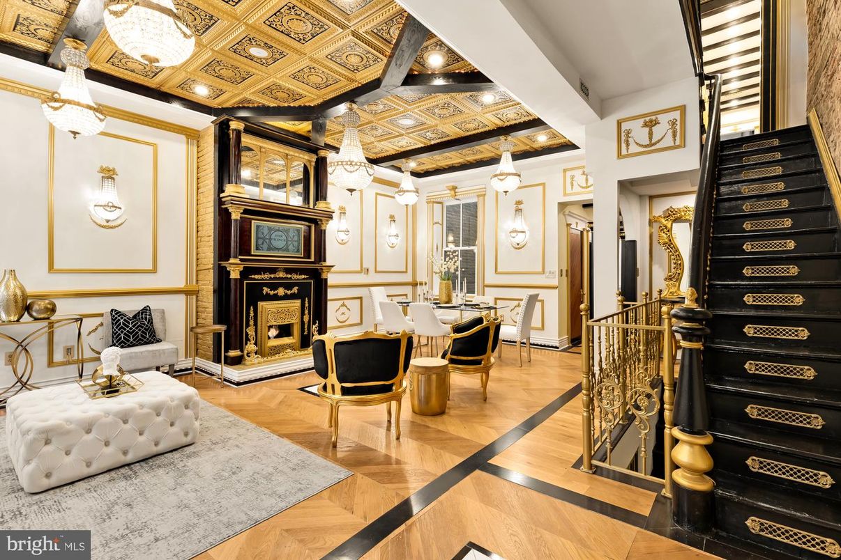 Chandelier, Dining room, Fireplace, Interior, Pendant Lights, Recessed Lighting, Wood Texture Flooring