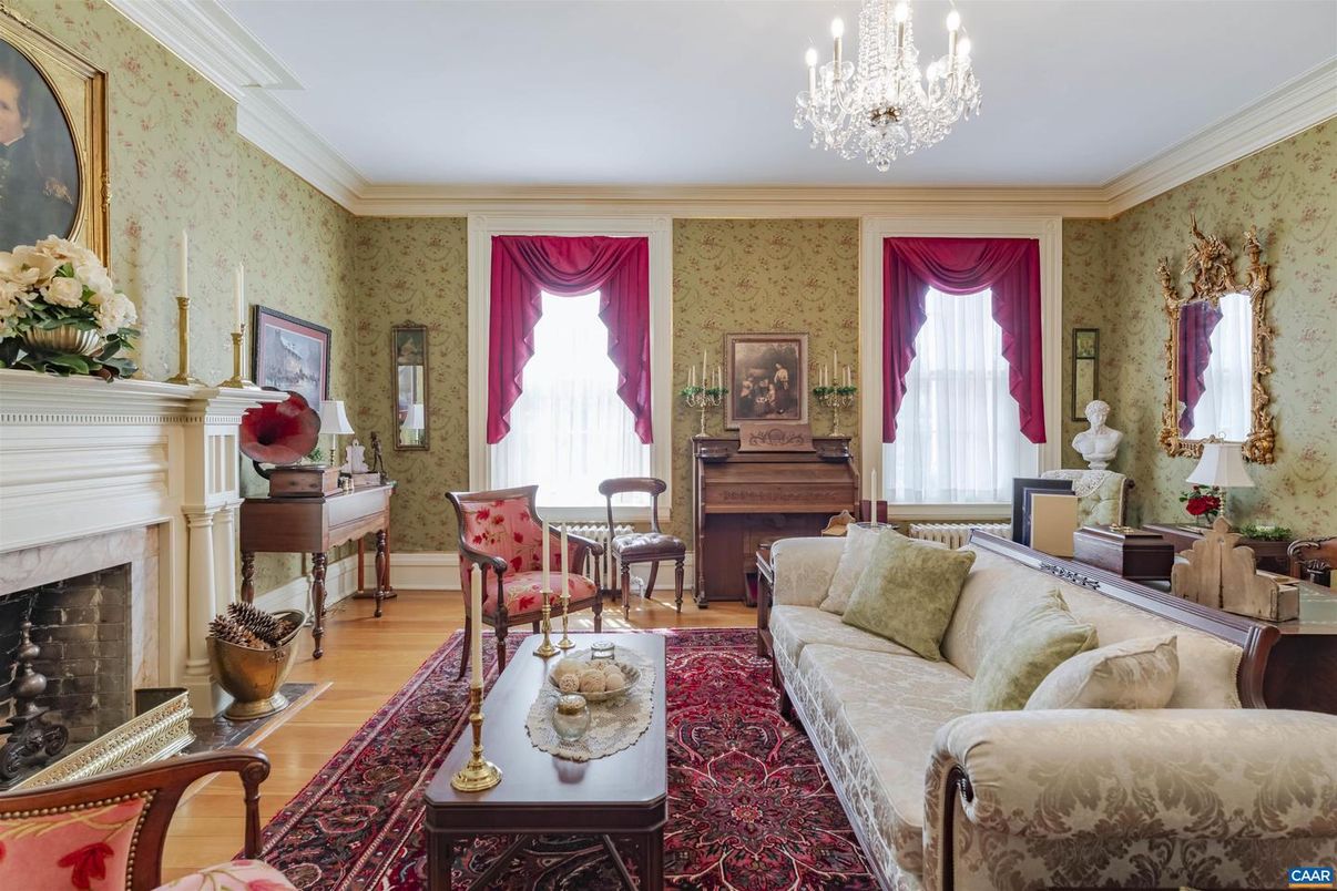 Chandelier, Fireplace, Interior, Living room, Piano, Wood Texture Flooring