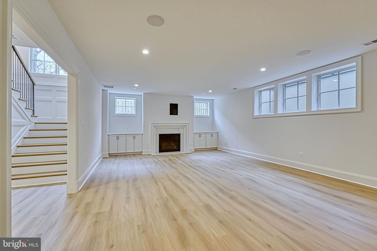 Empty room, Fireplace, Interior, Recessed Lighting, Wood Texture Flooring