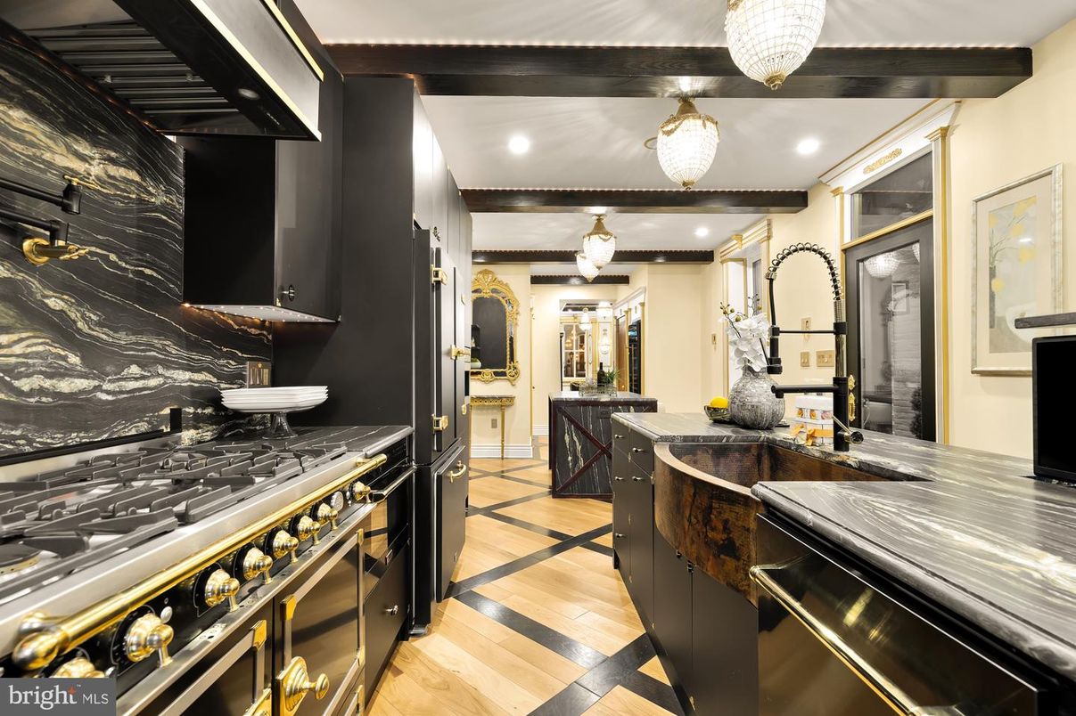 Chandelier, Interior, Kitchen, Pendant Lights, Recessed Lighting, Stainless Steel Appliances, Wood Texture Flooring