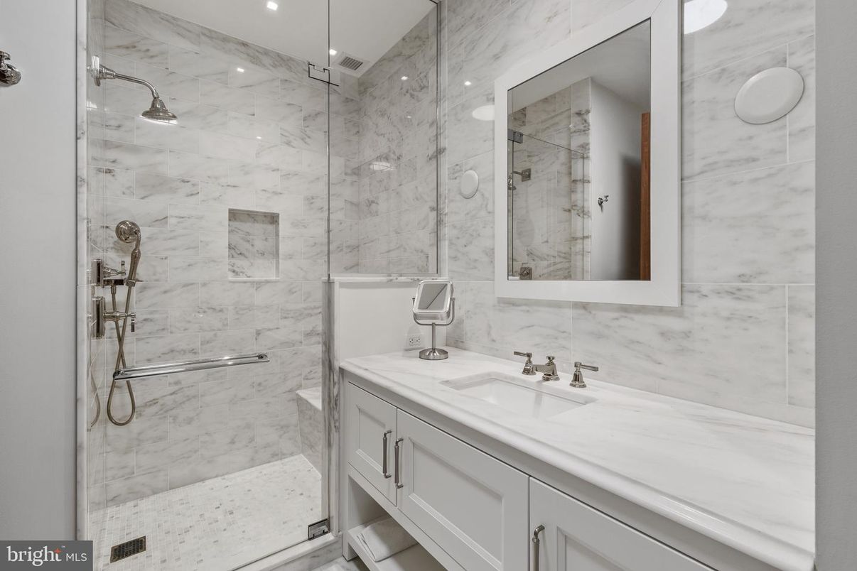 Bathroom, Glass Shower, Interior, Marble Walls, Recessed Lighting