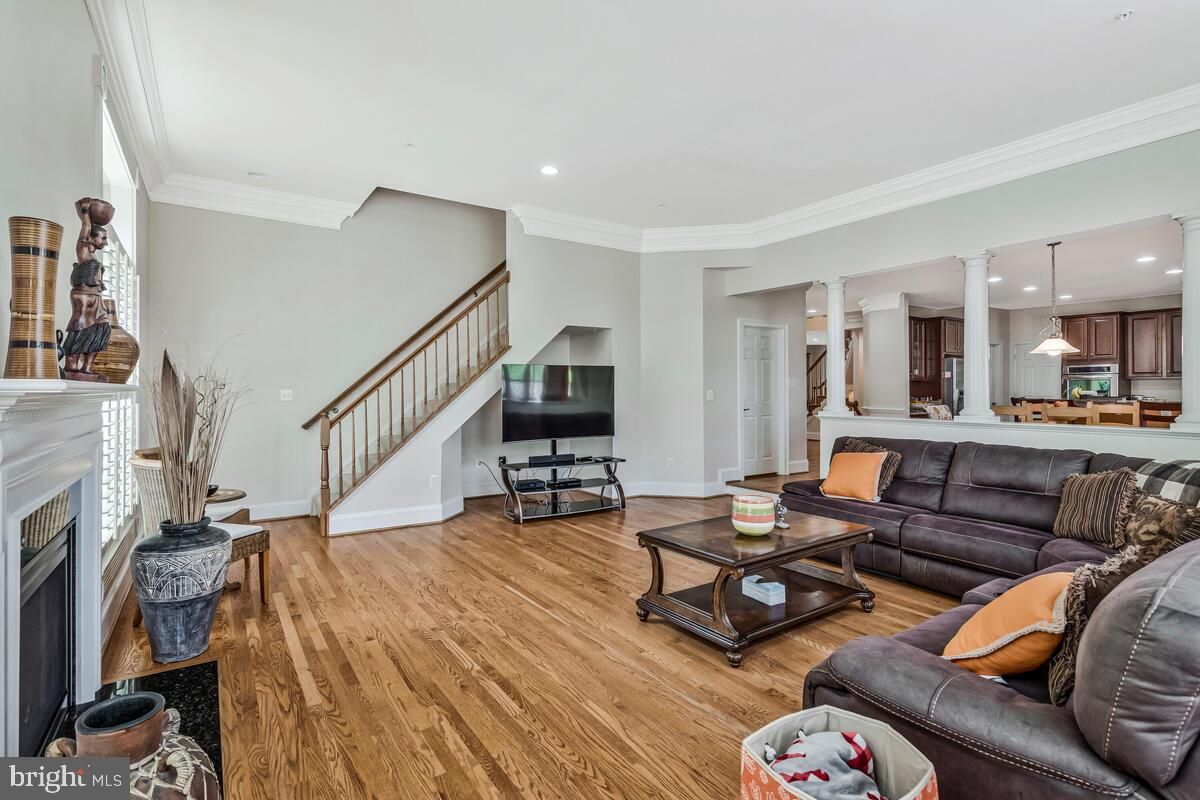 Fireplace, Interior, Kitchen, Living room, Pendant Lights, Piano, Recessed Lighting, Wood Texture Flooring