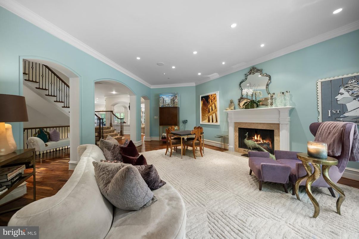 Dining room, Fireplace, Interior, Living room, Recessed Lighting, Wood Texture Flooring