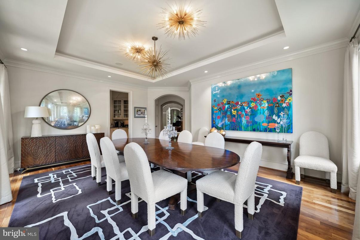 Dining room, Interior, Pendant Lights, Recessed Lighting, Wood Texture Flooring